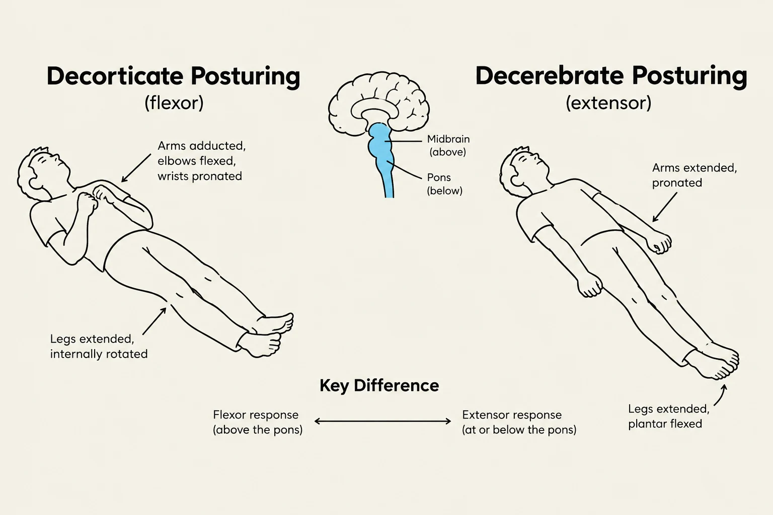 This illustration compares decorticate and decerebrate posturing, two abnormal postures that can indicate brain damage. Decorticate posturing, associated with lesions above the pons, involves flexion of the arms and extension of the legs. Decerebrate posturing, associated with lesions at or below the pons, involves extension of the arms and legs.