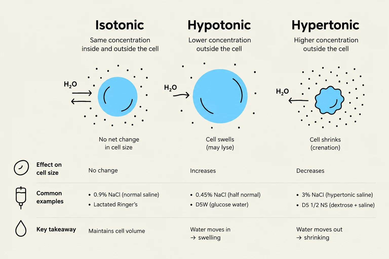 This diagram illustrates the effects of isotonic, hypotonic, and hypertonic solutions on a cell, showing how water movement affects cell size.