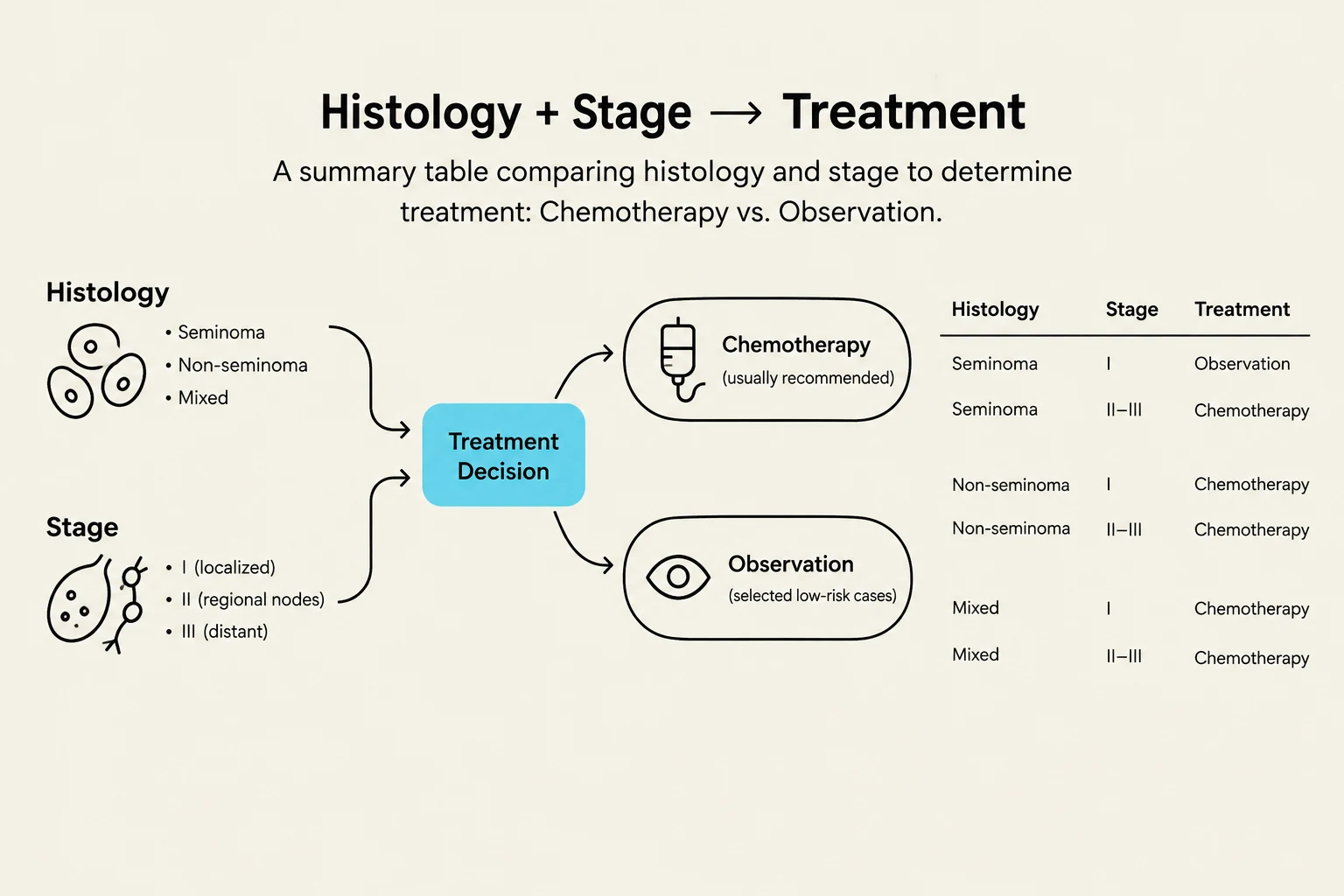 This diagram illustrates a treatment decision process based on histology and stage, recommending either chemotherapy or observation.