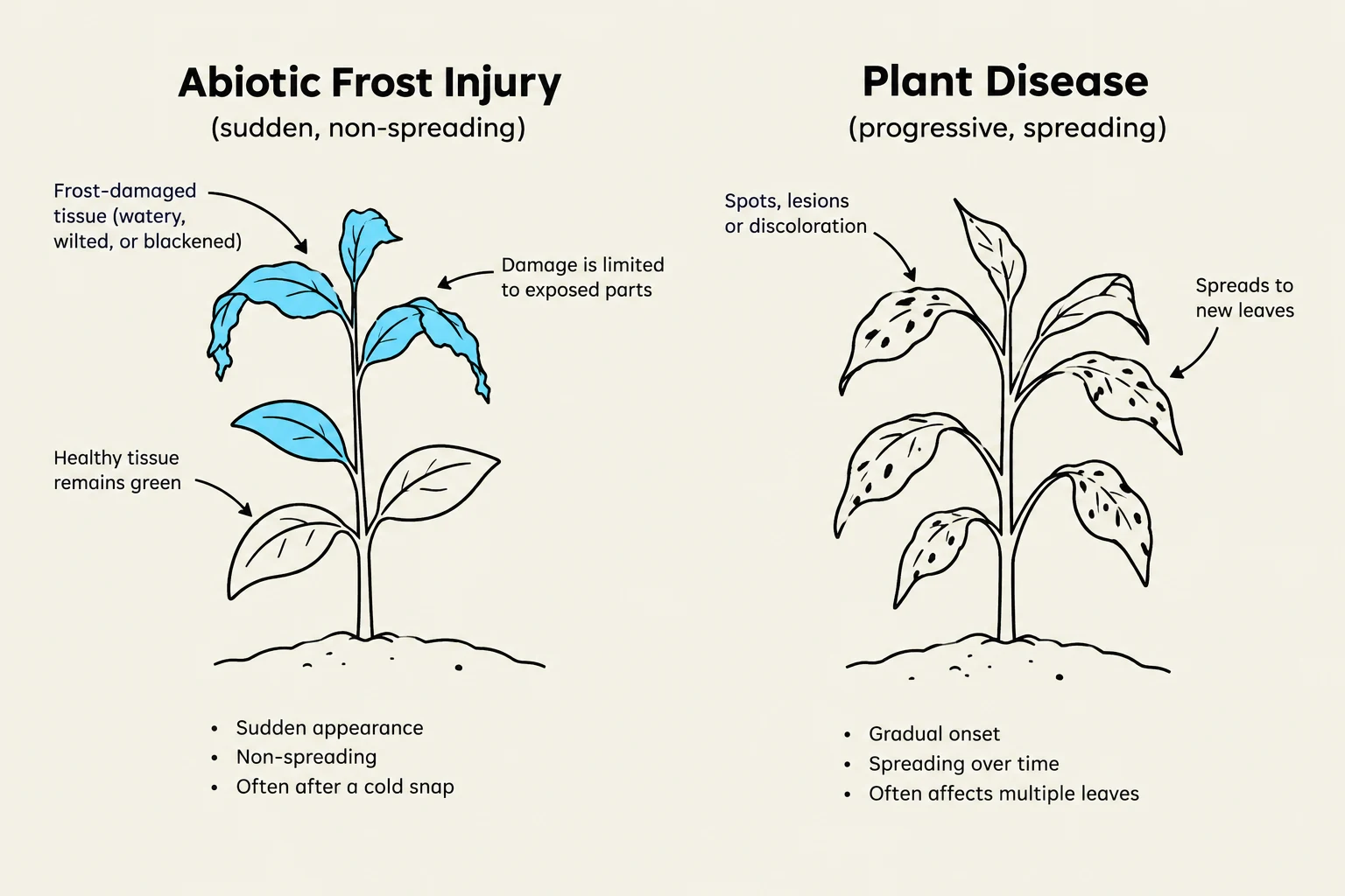 This illustration compares abiotic frost injury, characterized by sudden, non-spreading damage to exposed plant parts, with plant disease, which is progressive, spreading, and causes spots or lesions on leaves.