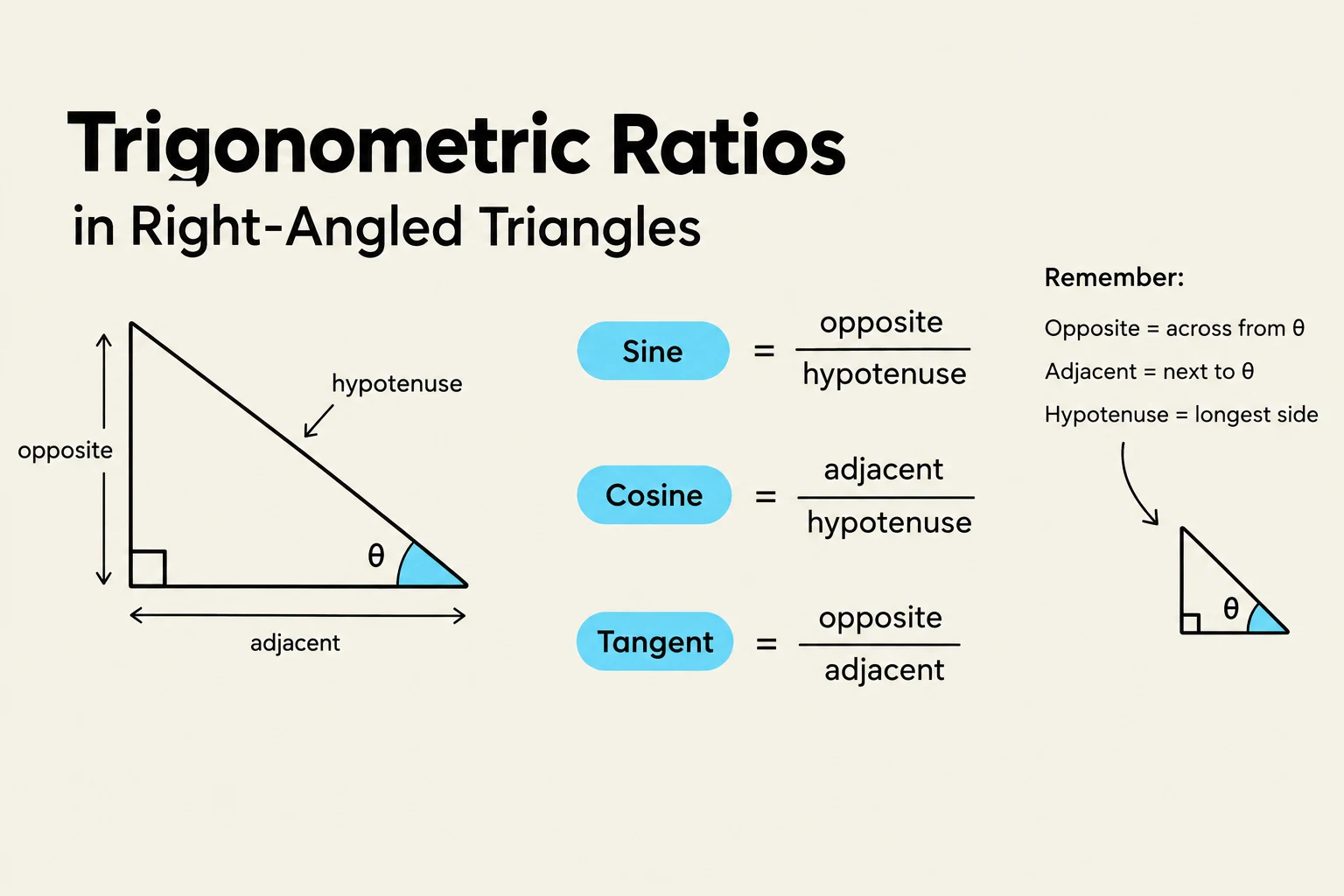 This illustration defines the trigonometric ratios (sine, cosine, and tangent) in relation to the sides of a right-angled triangle and an angle theta.