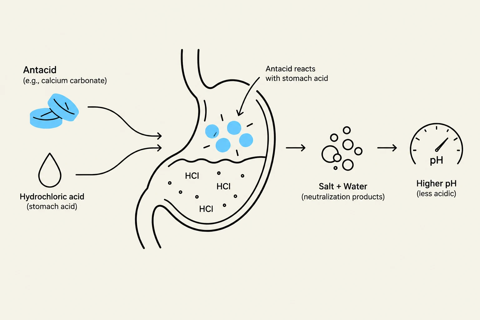 This diagram illustrates how antacids neutralize stomach acid (hydrochloric acid) to increase pH, making the stomach less acidic. The process results in salt and water as neutralization products.