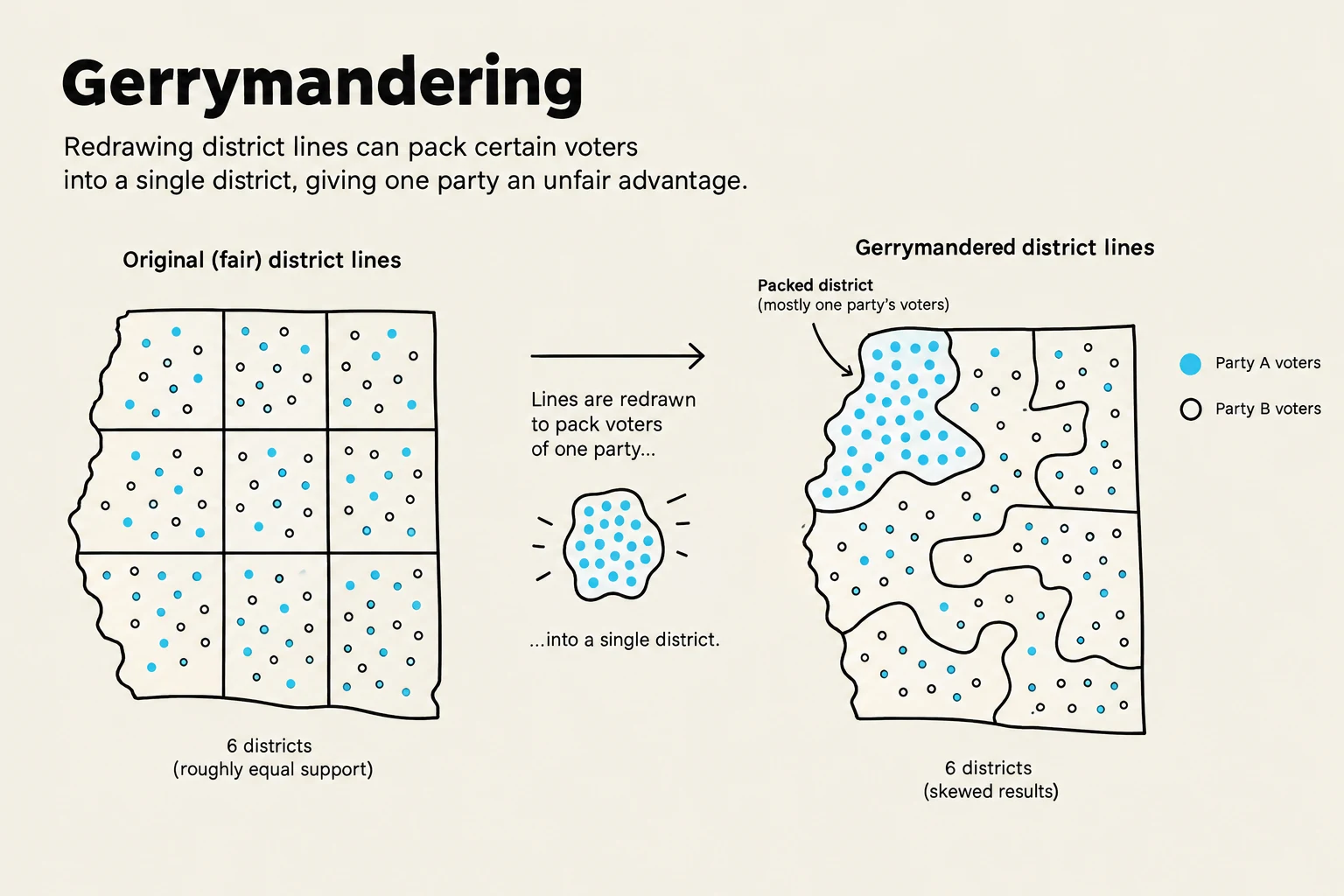 This illustration explains gerrymandering, a practice where district lines are redrawn to unfairly benefit one political party by concentrating voters. It contrasts original, fair district lines with gerrymandered lines that create a packed district, skewing election results.