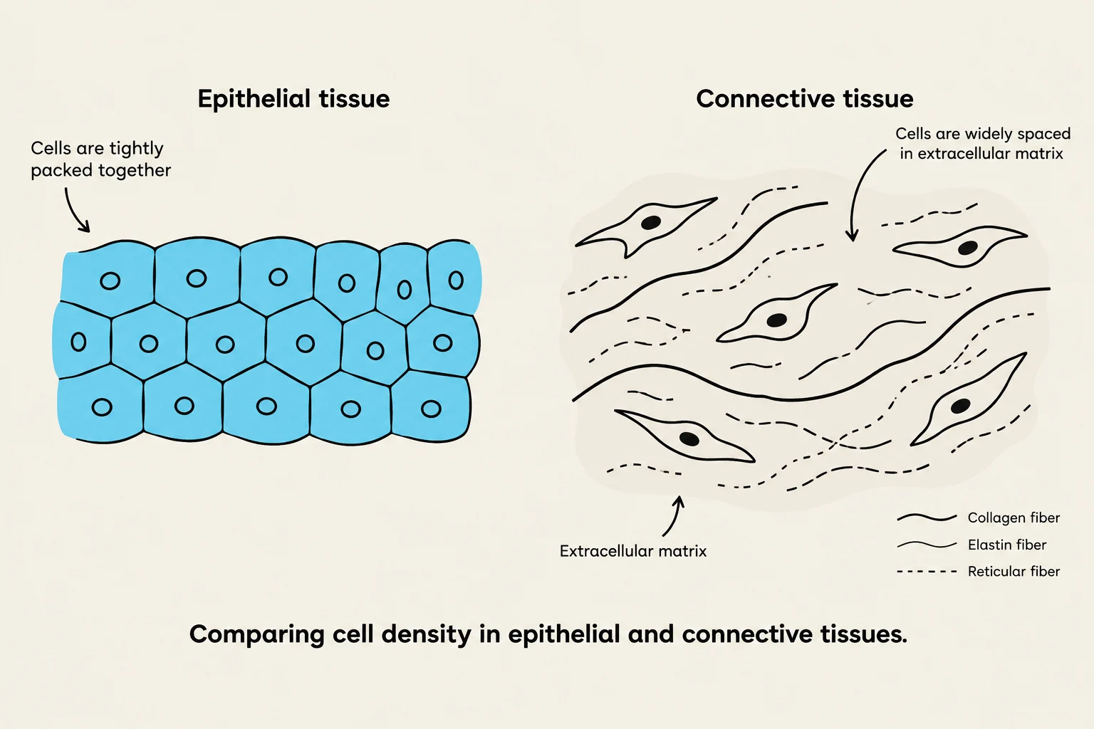 This illustration compares the cell density in epithelial tissue, where cells are tightly packed, with connective tissue, where cells are widely spaced within an extracellular matrix composed of collagen, elastin, and reticular fibers.
