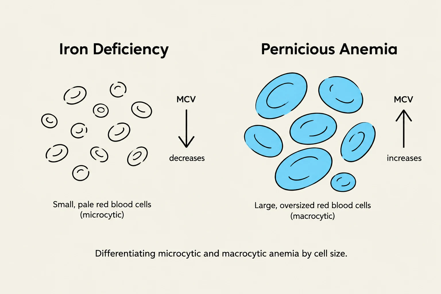 Differentiating microcytic and macrocytic anemia by cell size.