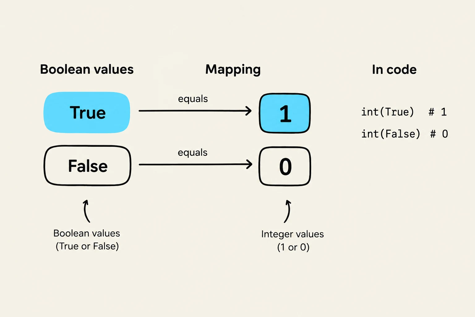 This diagram illustrates the mapping of boolean values (True and False) to integer values (1 and 0) in programming, along with a code snippet demonstrating this conversion.