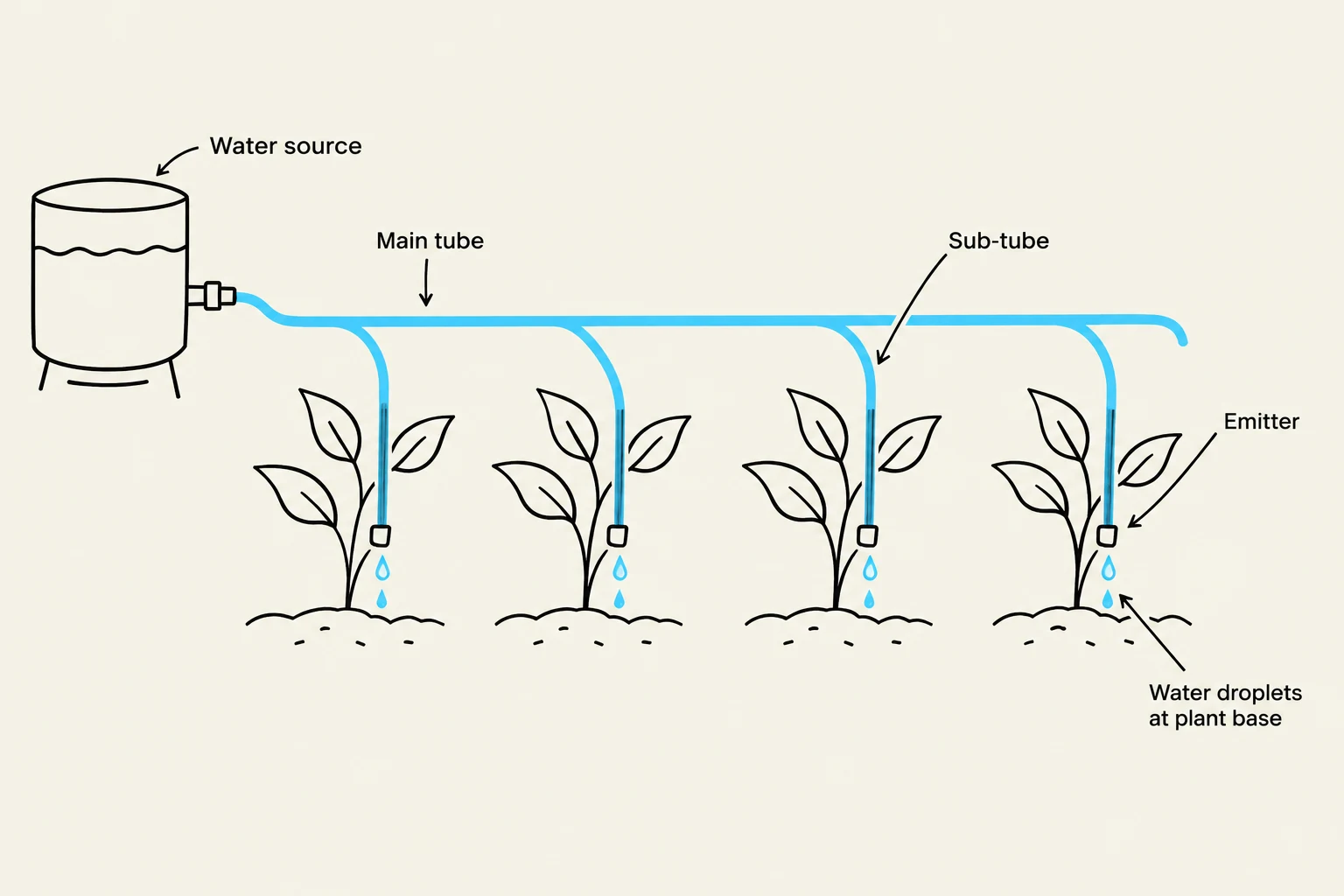 Diagram illustrating a drip irrigation system with a water source, main tube, sub-tubes, and emitters delivering water droplets to the base of plants.