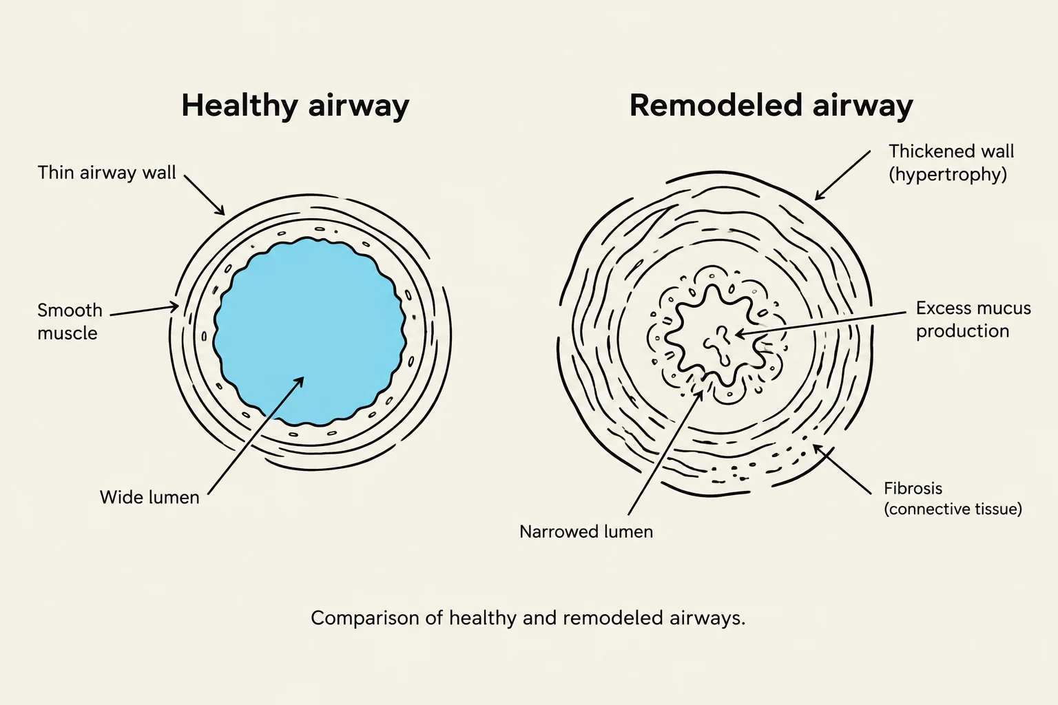 Comparison of healthy and remodeled airways, illustrating differences in wall thickness, lumen size, and mucus production.