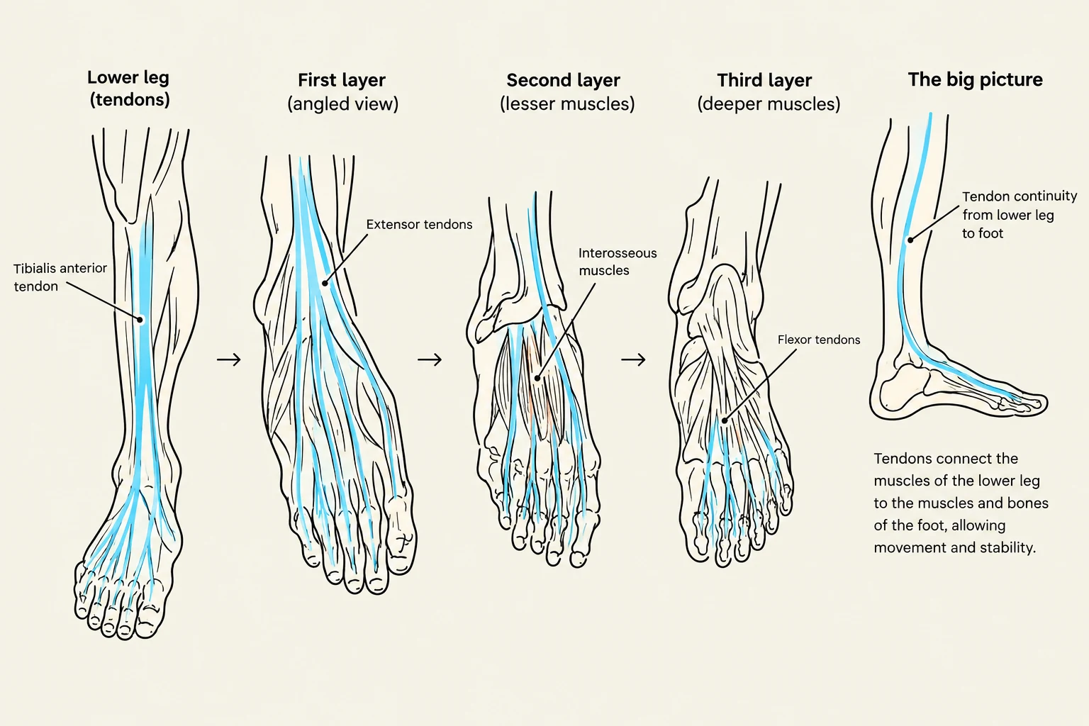 This diagram illustrates the anatomy of tendons in the lower leg and foot, showing their layers and connections to muscles and bones for movement and stability.