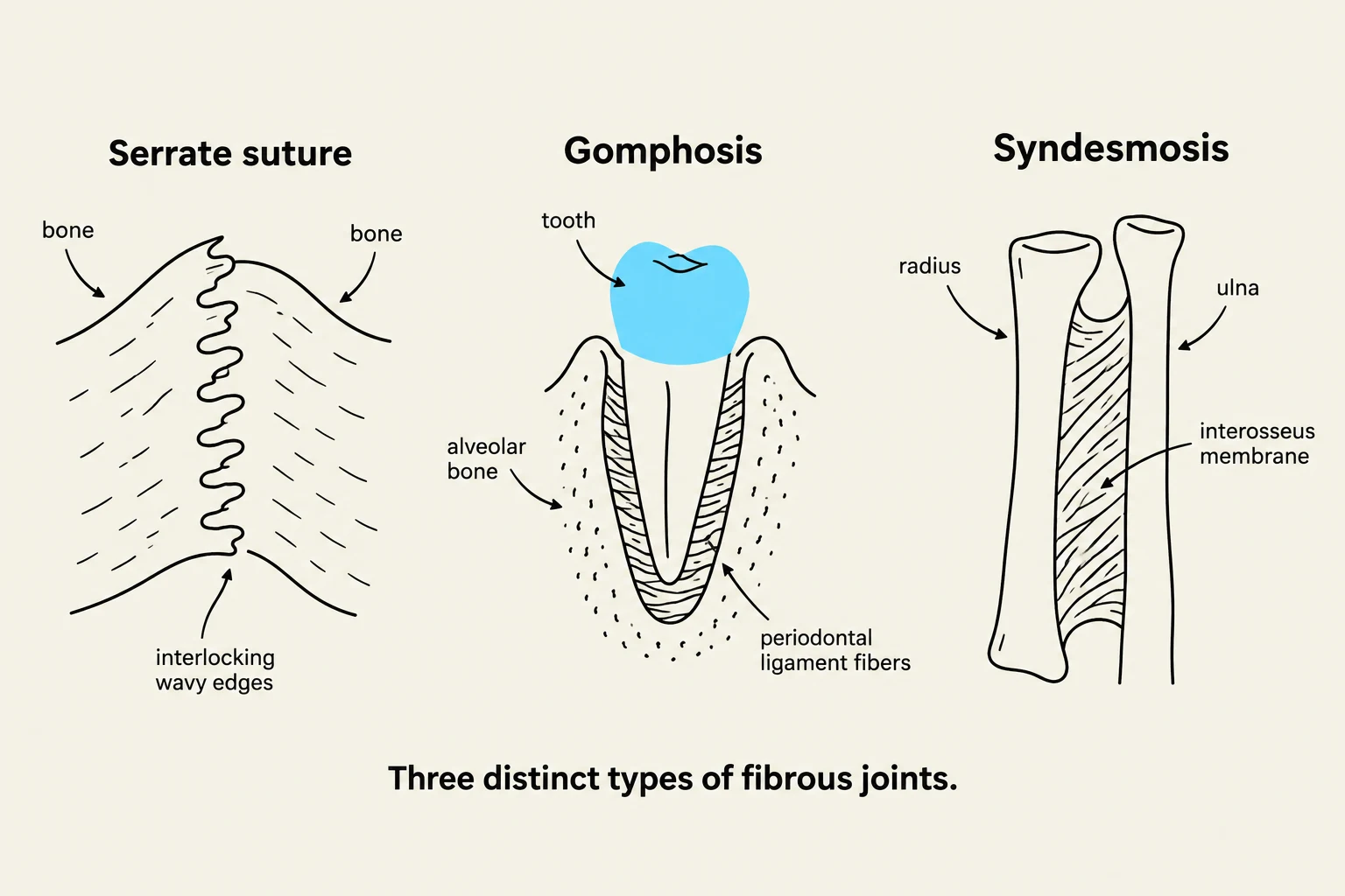 The image displays three types of fibrous joints: serrate suture, gomphosis, and syndesmosis, illustrating their anatomical structures.