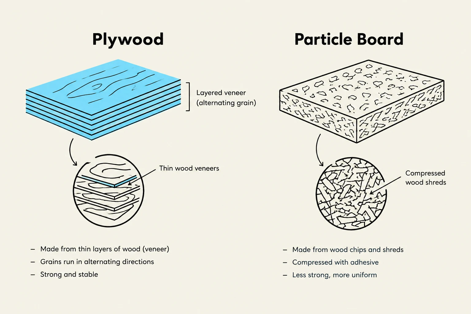 This illustration compares plywood and particle board, detailing their composition and characteristics. Plywood is made from thin layers of wood veneer with alternating grain directions, making it strong and stable. Particle board is constructed from compressed wood chips and shreds with adhesive, resulting in a less strong but more uniform material.