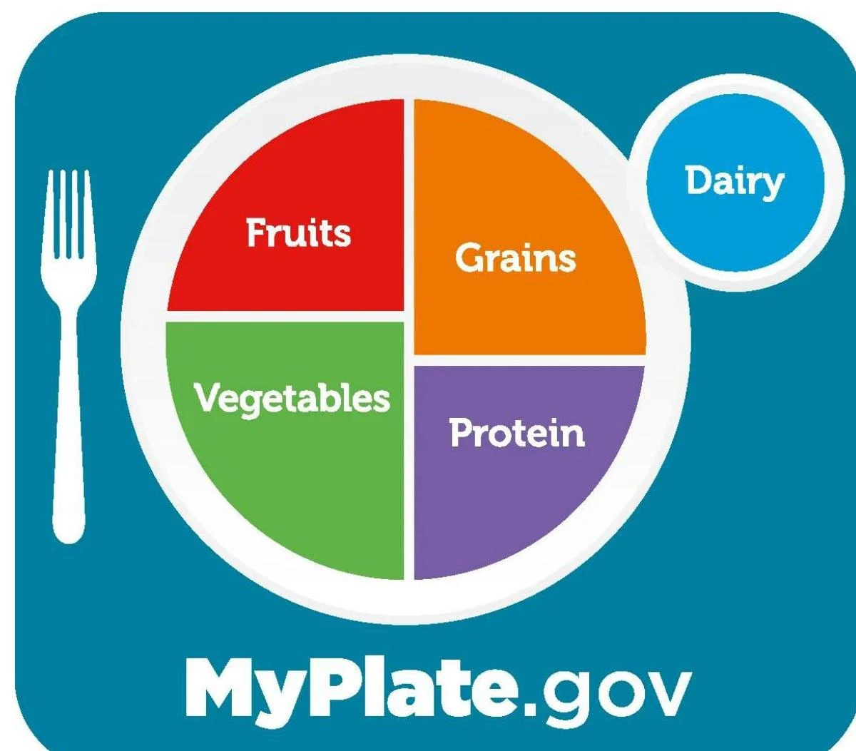 MyPlate.gov illustrates a balanced meal with sections for fruits, vegetables, grains, protein, and dairy.