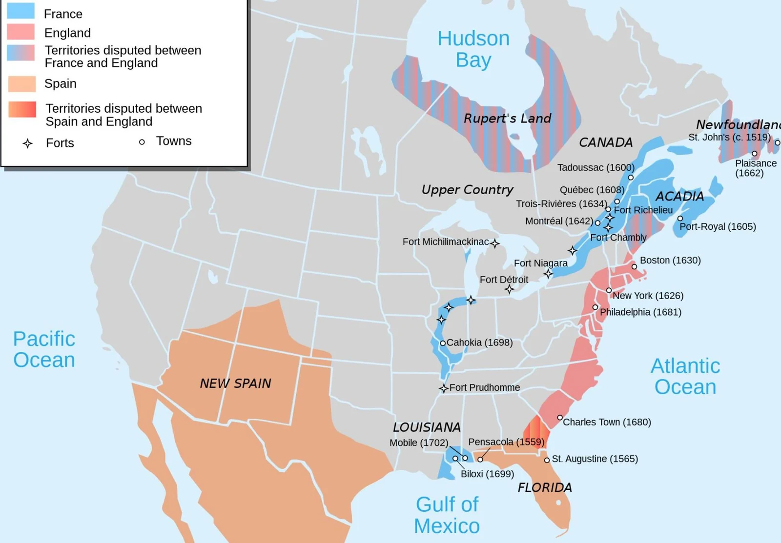 Map showing colonial territories in North America, including French, English, and Spanish claims, as well as disputed areas and significant forts and towns.