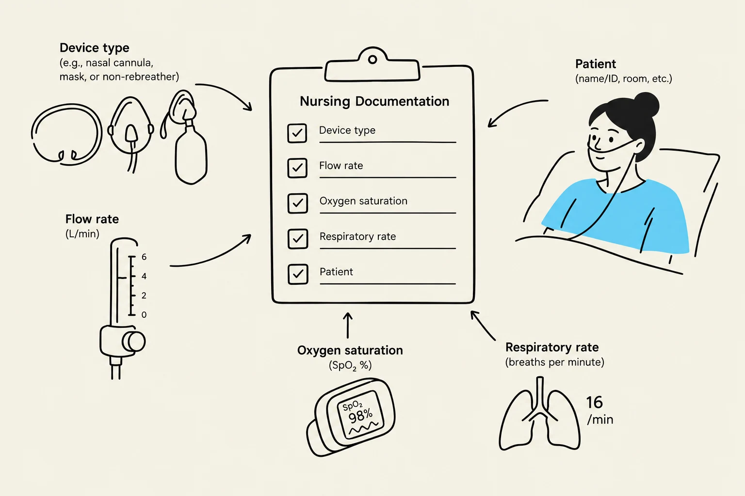 This illustration depicts key parameters monitored during nursing documentation, including device type, flow rate, oxygen saturation, respiratory rate, and patient information, along with visual representations of each.