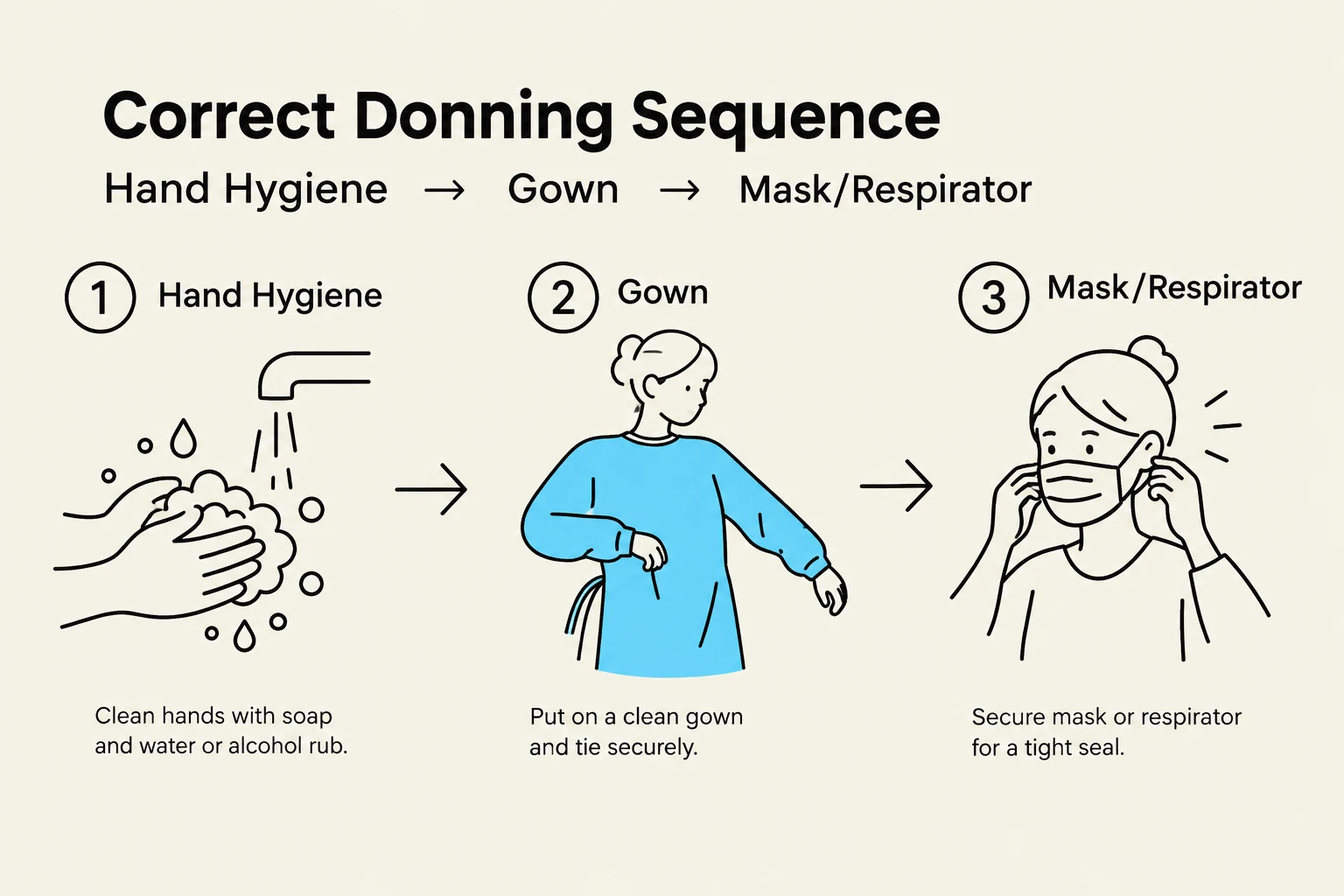 The correct sequence for donning personal protective equipment, including hand hygiene, wearing a gown, and securing a mask or respirator.