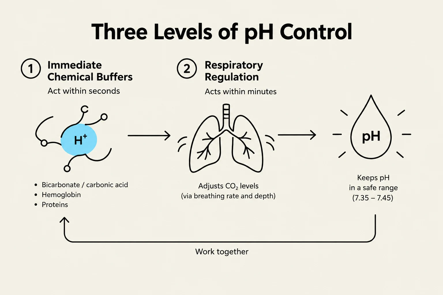 This diagram illustrates the three levels of pH control in the body: immediate chemical buffers, respiratory regulation, and renal regulation (implied by the pH range). It shows how these systems work together to maintain a stable pH.