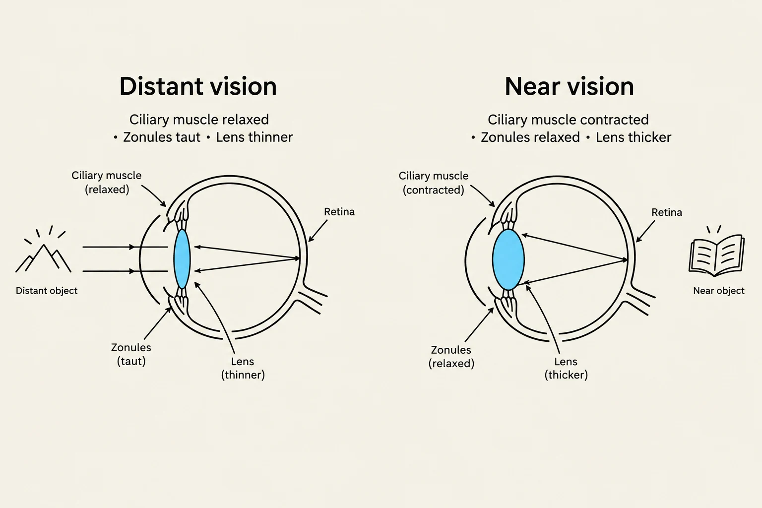Diagrams illustrating the mechanisms of distant and near vision in the human eye, showing the roles of the ciliary muscle, zonules, and lens.