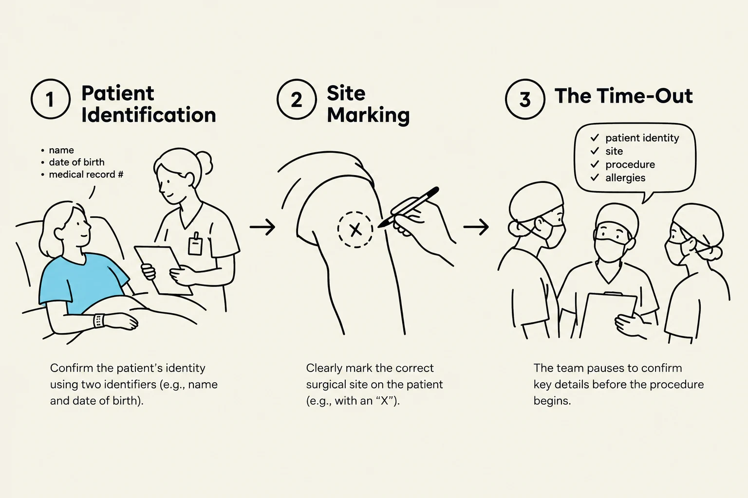 This illustration outlines the three key steps for ensuring patient safety before a medical procedure: patient identification, site marking, and the time-out confirmation.