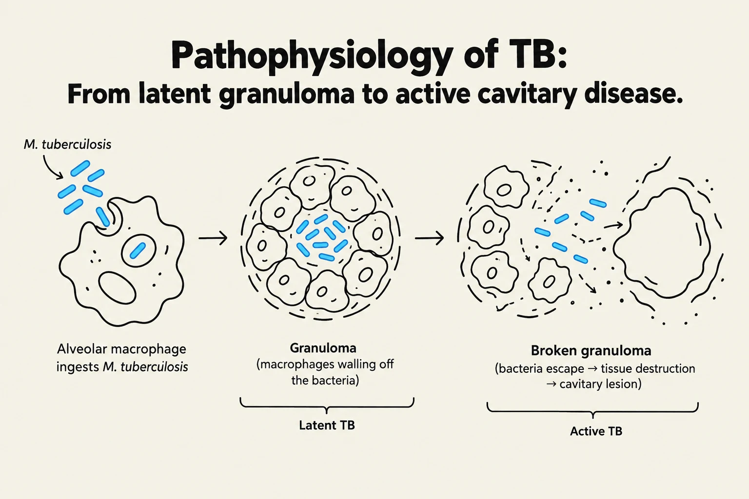 Diagram illustrating the pathophysiology of Tuberculosis (TB), showing the progression from a latent granuloma to active cavitary disease.