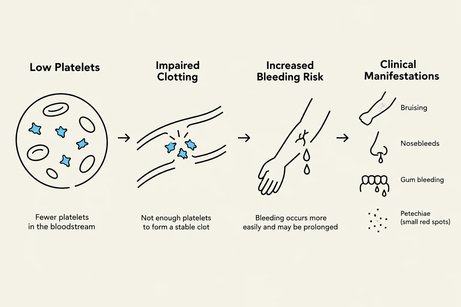 This diagram illustrates the consequences of low platelet count, including impaired clotting, increased bleeding risk, and clinical manifestations such as bruising, nosebleeds, gum bleeding, and petechiae.