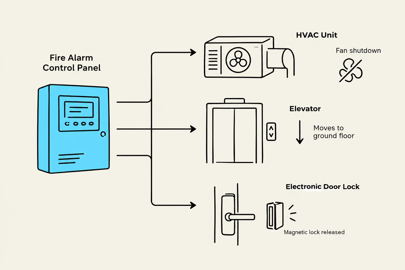 Diagram illustrating the interconnected functions of a fire alarm control panel with HVAC units, elevators, and electronic door locks during a fire event.