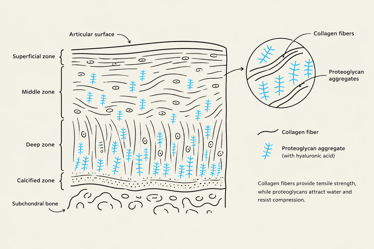 Diagram illustrating the zones of articular cartilage, including the superficial, middle, deep, and calcified zones, and the subchondral bone. It also shows collagen fibers and proteoglycan aggregates, explaining their roles in providing tensile strength and resisting compression.