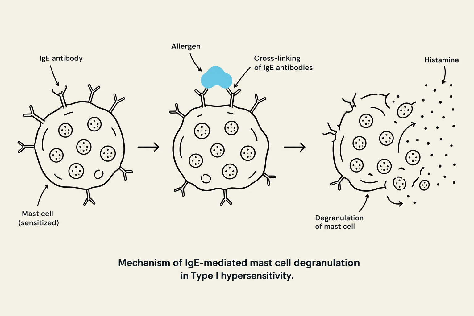 The diagram illustrates the mechanism of IgE-mediated mast cell degranulation in Type I hypersensitivity, showing the interaction of allergens with IgE antibodies on mast cells, leading to the release of histamine.
