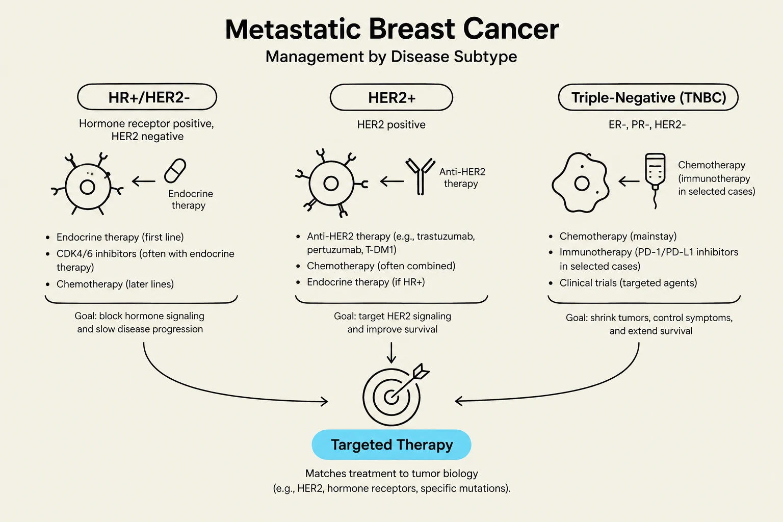This diagram illustrates the management of metastatic breast cancer based on disease subtype, detailing treatment strategies for HR+/HER2-, HER2+, and Triple-Negative (TNBC) breast cancer, and the overarching concept of targeted therapy.