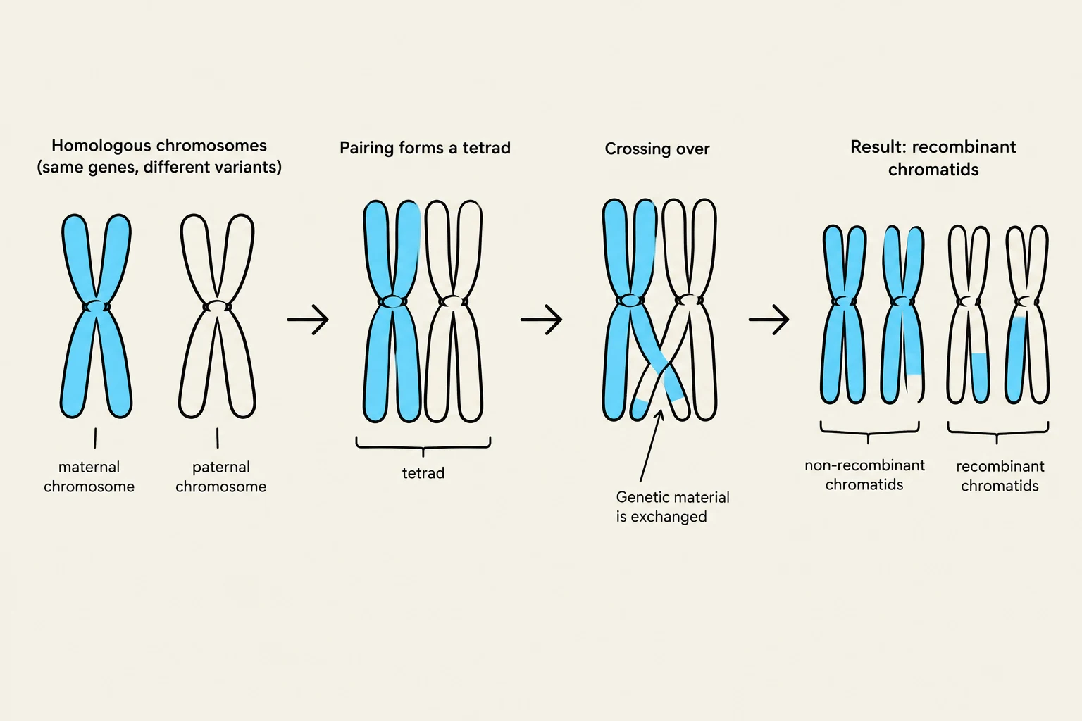 Diagram illustrating the process of crossing over in homologous chromosomes, leading to the formation of recombinant chromatids.