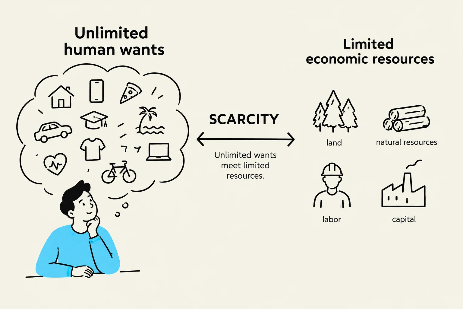 This diagram illustrates the economic concept of scarcity, where unlimited human wants are contrasted with limited economic resources such as land, natural resources, labor, and capital.