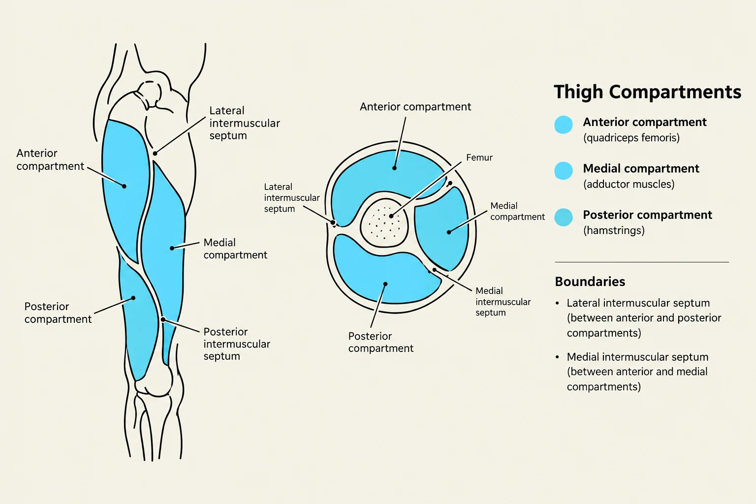 Diagram illustrating the anterior, medial, and posterior compartments of the thigh, including the femur and intermuscular septa.