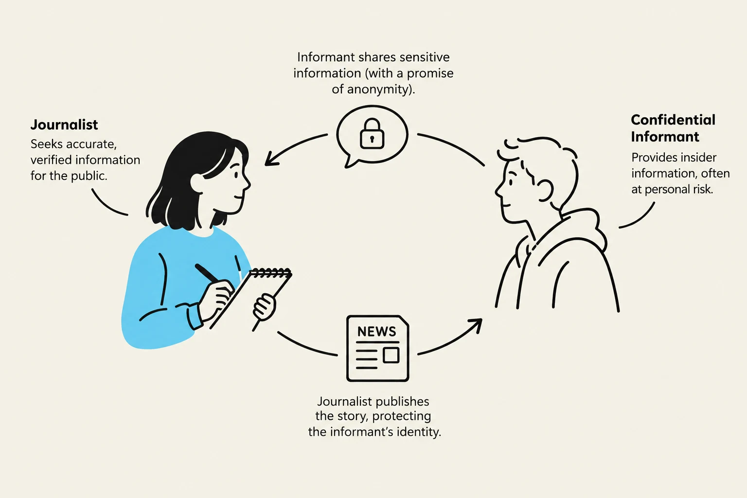 This diagram illustrates the process of a journalist obtaining information from a confidential informant, emphasizing the protection of the informant's identity.