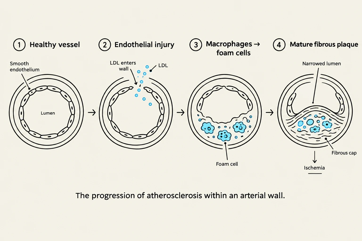 The progression of atherosclerosis within an arterial wall, showing the development from a healthy vessel to a mature fibrous plaque leading to ischemia.