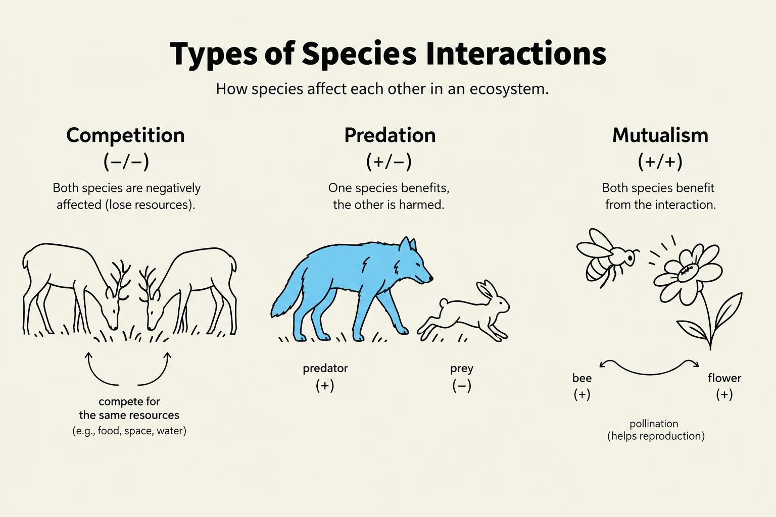 This diagram illustrates three types of species interactions in an ecosystem: competition, predation, and mutualism, with examples and their effects on the species involved.