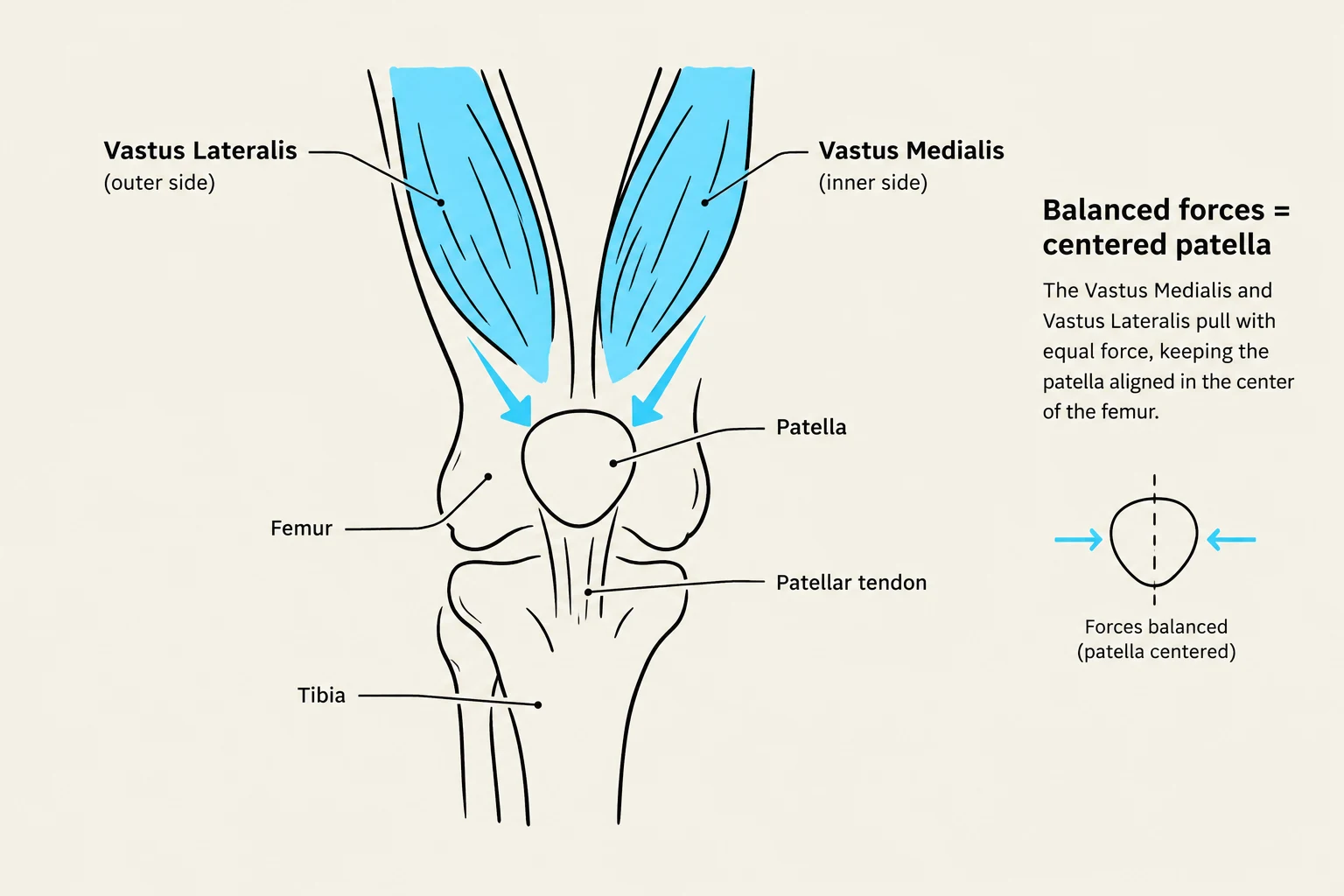 Diagram illustrating the balanced forces of the Vastus Medialis and Vastus Lateralis muscles on the patella, keeping it centered on the femur.