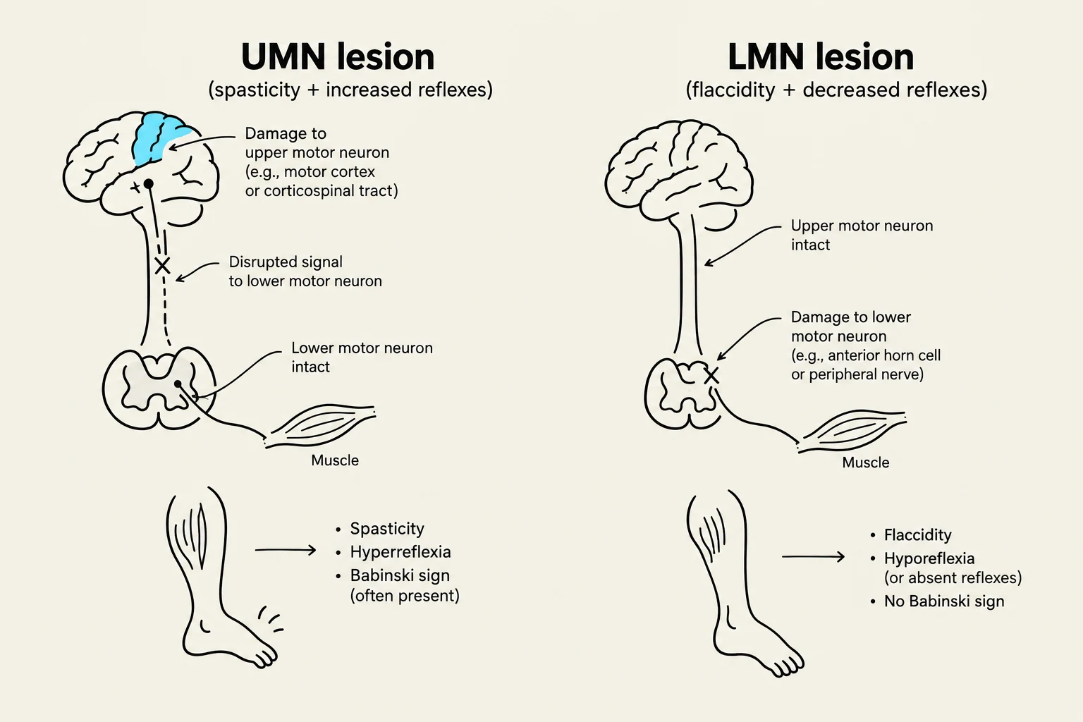 Diagram illustrating the differences between Upper Motor Neuron (UMN) lesions and Lower Motor Neuron (LMN) lesions, detailing their effects on reflexes and muscle tone.