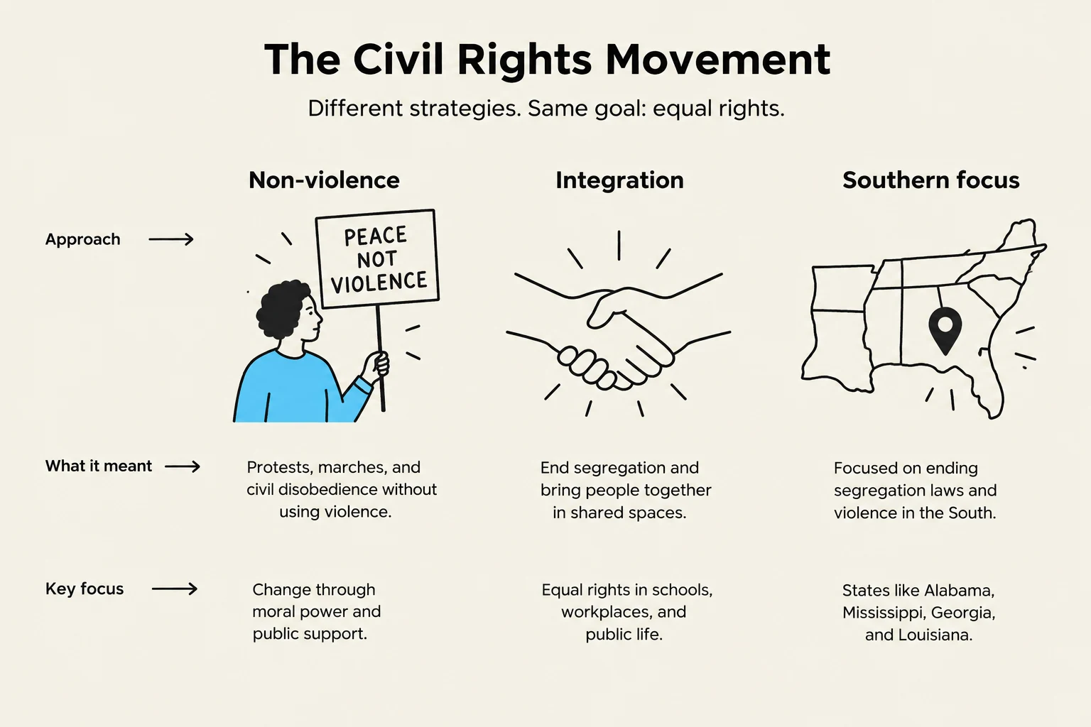 This illustration outlines three key strategies of the Civil Rights Movement: non-violence, integration, and a Southern focus, detailing their approaches, meanings, and key focuses.