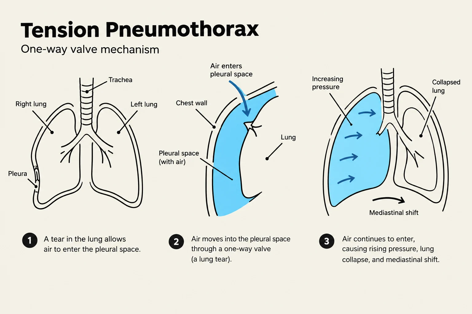 Diagram illustrating the mechanism of tension pneumothorax, showing air entering the pleural space, increasing pressure, lung collapse, and mediastinal shift.