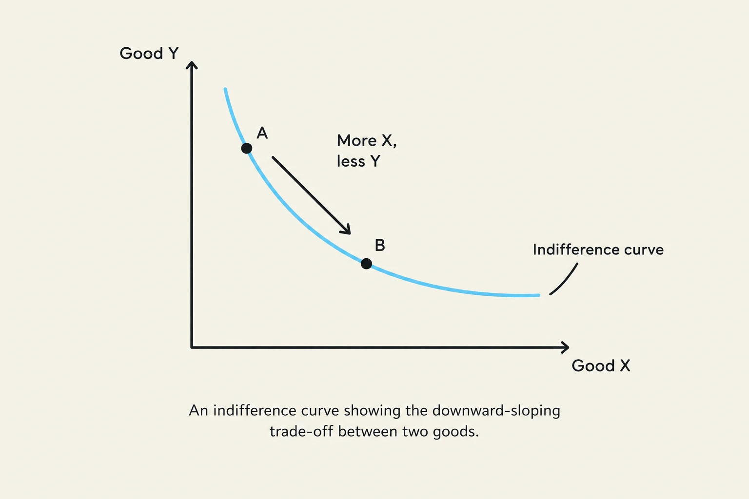 An indifference curve showing the downward-sloping trade-off between two goods.