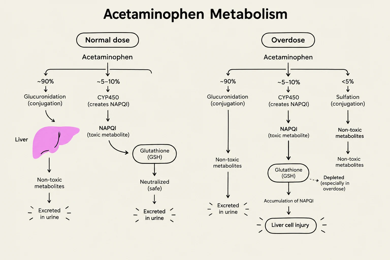 This diagram illustrates the metabolism of acetaminophen under normal doses and overdose conditions, highlighting the role of the liver and the formation of toxic metabolites.