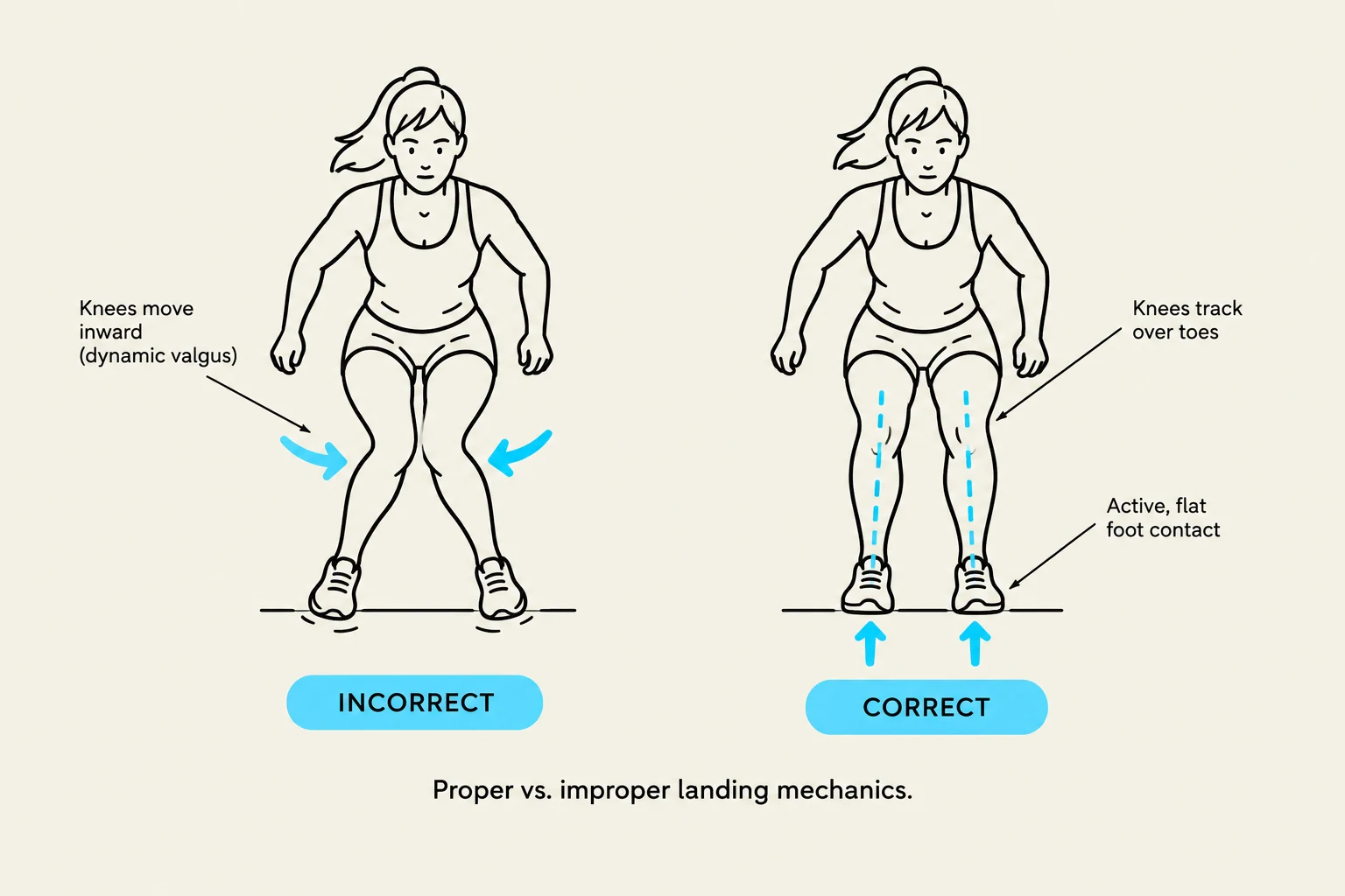 Illustration comparing incorrect and correct landing mechanics, highlighting knee alignment and foot contact.