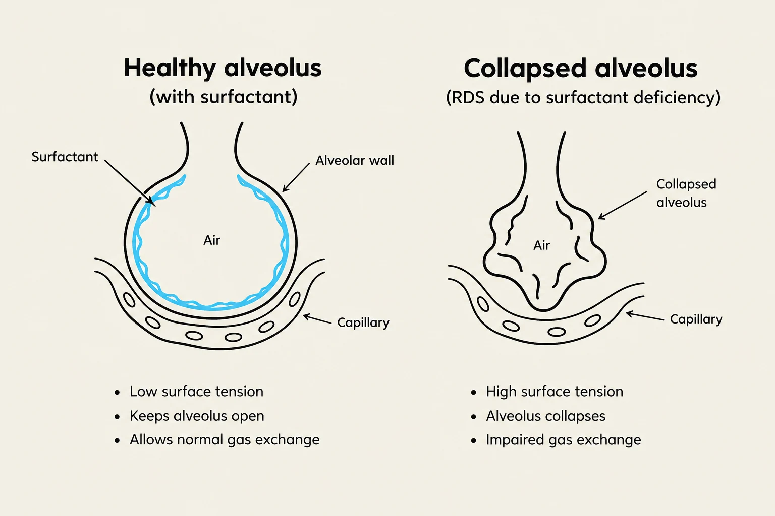 Diagram comparing a healthy alveolus with surfactant to a collapsed alveolus due to surfactant deficiency, illustrating the impact on gas exchange.