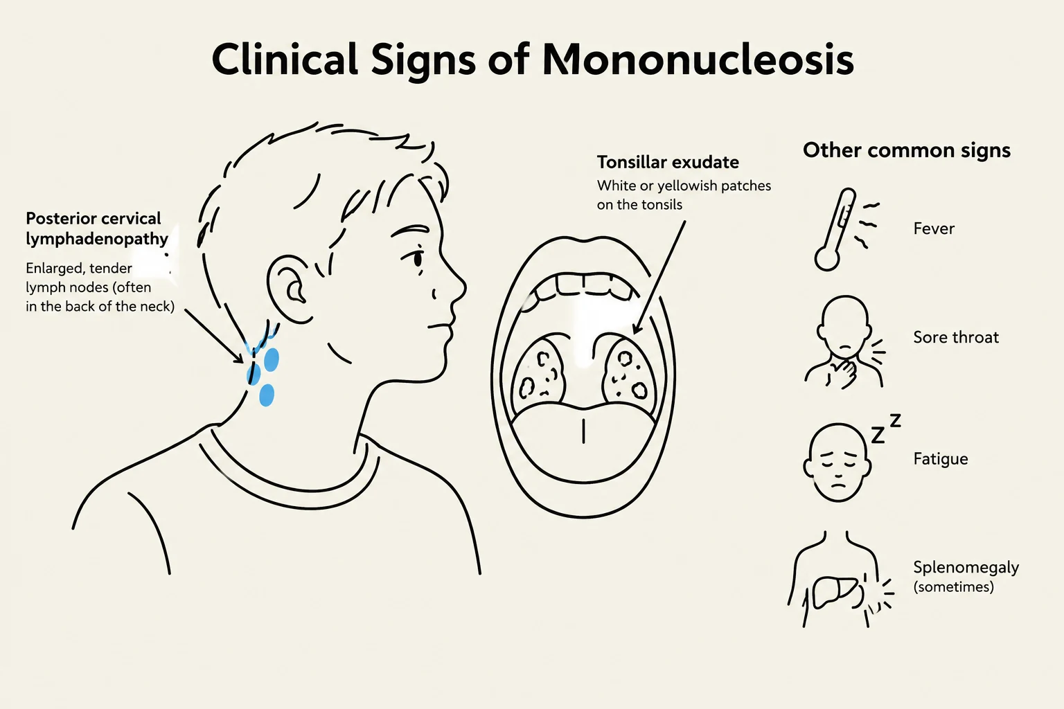 Clinical signs of mononucleosis include posterior cervical lymphadenopathy, tonsillar exudate, fever, sore throat, fatigue, and sometimes splenomegaly.