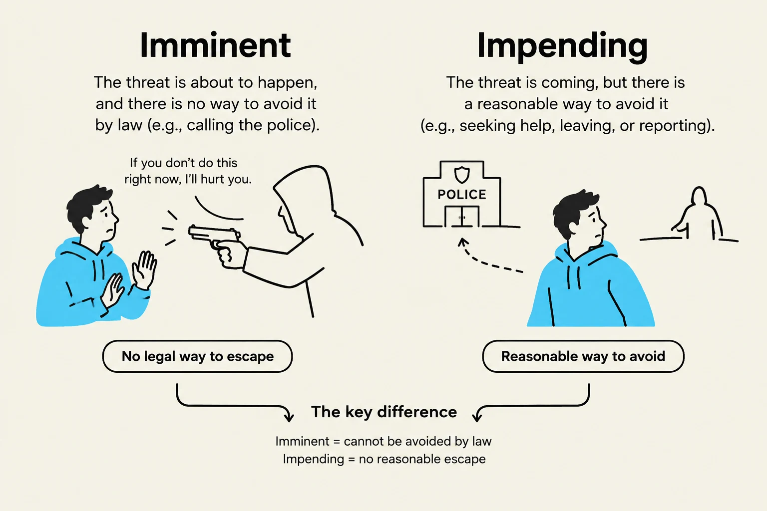 This illustration differentiates between an "imminent" threat, which cannot be avoided by law, and an "impending" threat, which has a reasonable escape or avoidance strategy.