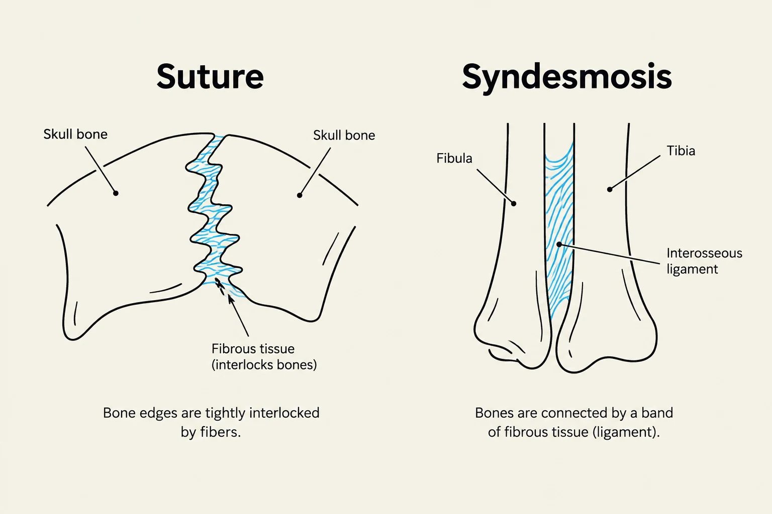 This illustration compares a suture, a fibrous joint where skull bones are tightly interlocked by fibers, with a syndesmosis, a fibrous joint where bones like the tibia and fibula are connected by an interosseous ligament.