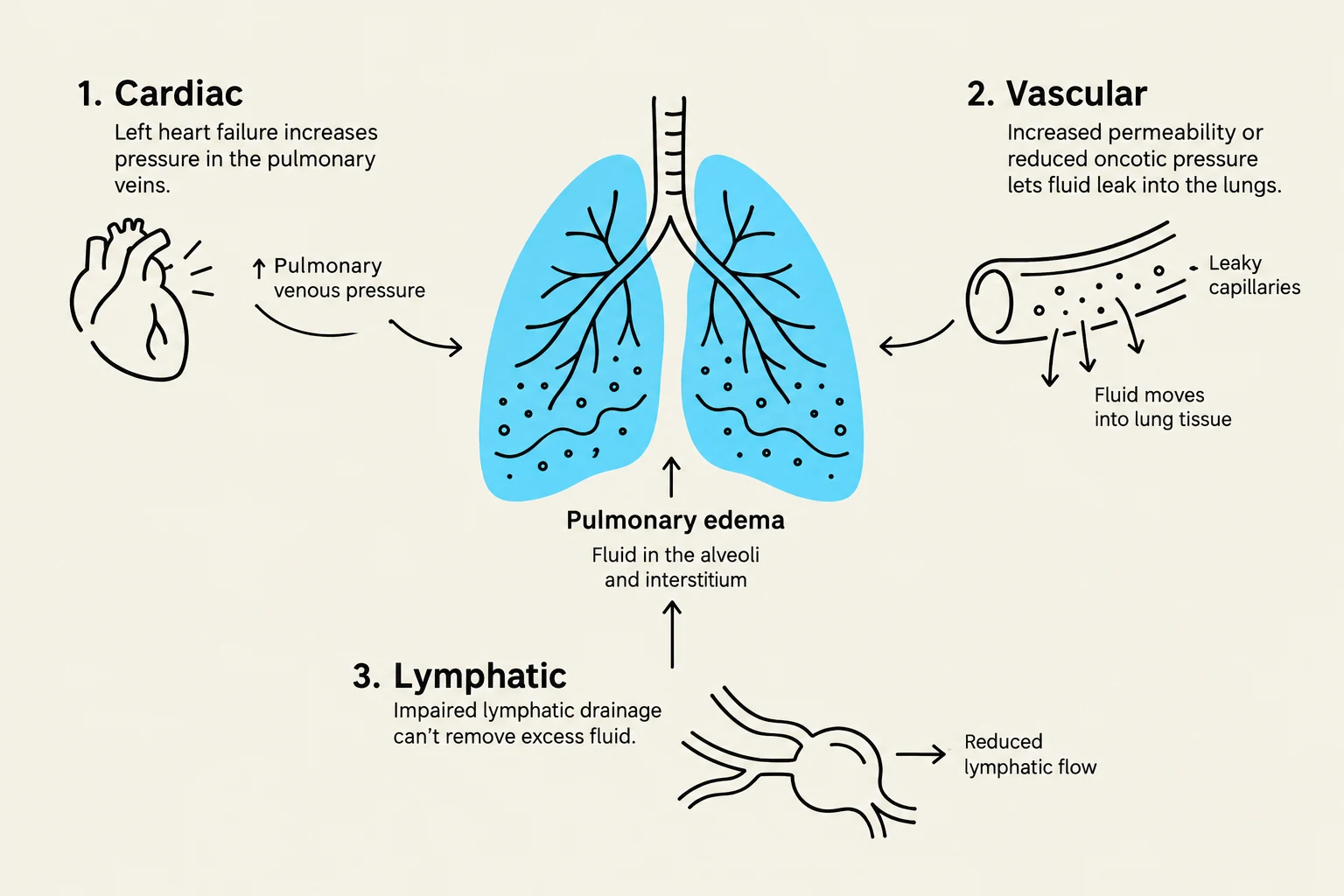 This diagram illustrates three causes of pulmonary edema: cardiac issues leading to increased pulmonary venous pressure, vascular problems causing fluid leakage from capillaries, and lymphatic system dysfunction hindering fluid removal.