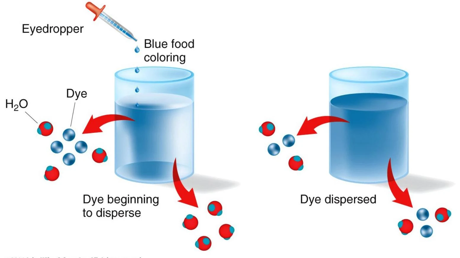 Illustration showing the dispersion of dye molecules in water.