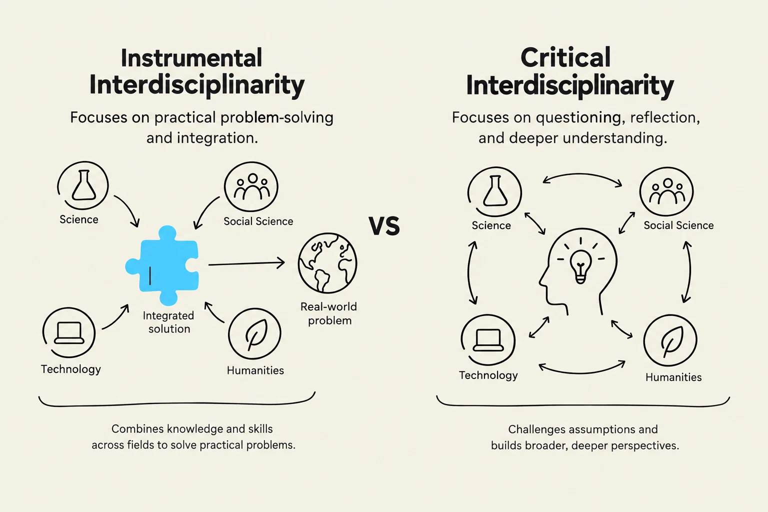 This diagram illustrates the difference between instrumental interdisciplinarity, which focuses on practical problem-solving, and critical interdisciplinarity, which emphasizes questioning and deeper understanding. Both approaches involve integrating knowledge from various fields like science, social science, technology, and humanities.