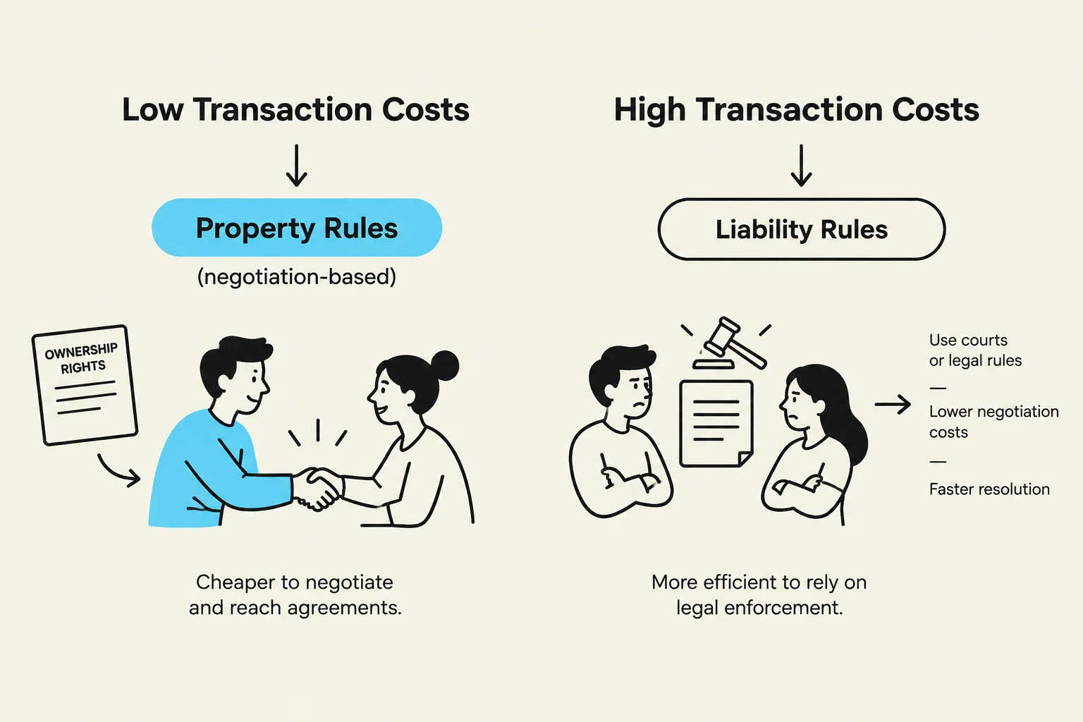 This illustration contrasts property rules for low transaction costs, emphasizing negotiation, with liability rules for high transaction costs, highlighting legal enforcement for efficiency and faster resolution.