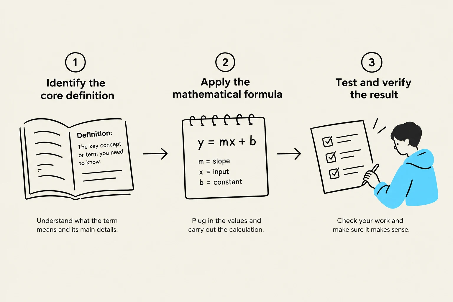 A three-step process for understanding and applying mathematical formulas: identify the definition, apply the formula with given values, and verify the result.